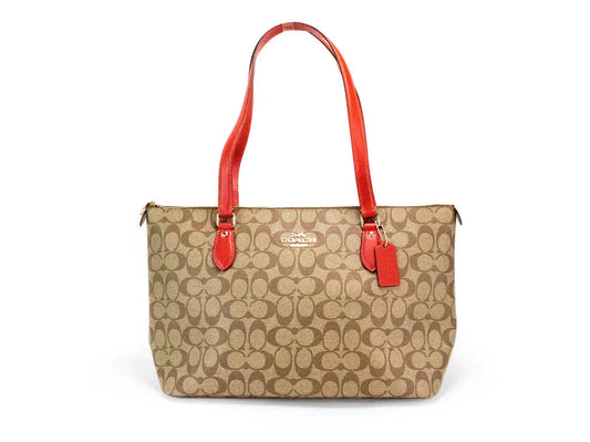 Coach Gallery Khaki Red Signature Coated Canvas Tote Bag